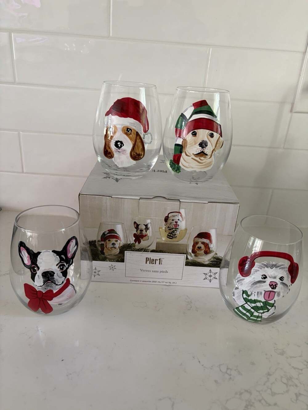 PIER 1 Holiday Dogs Stemless Wine Glass Set Of 4 Beagle Boston Terrier Lab NEW
